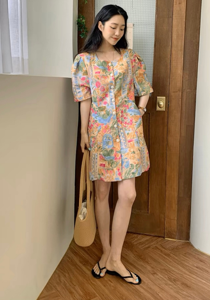 [Single-breasted oil painting print dress]