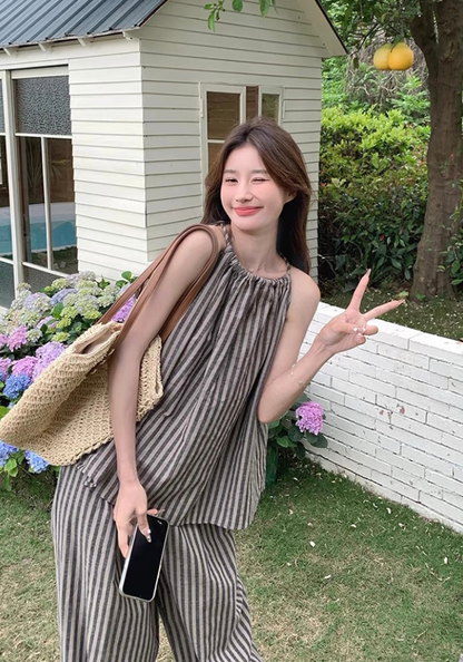 Resort style striped top + wide leg pants suit