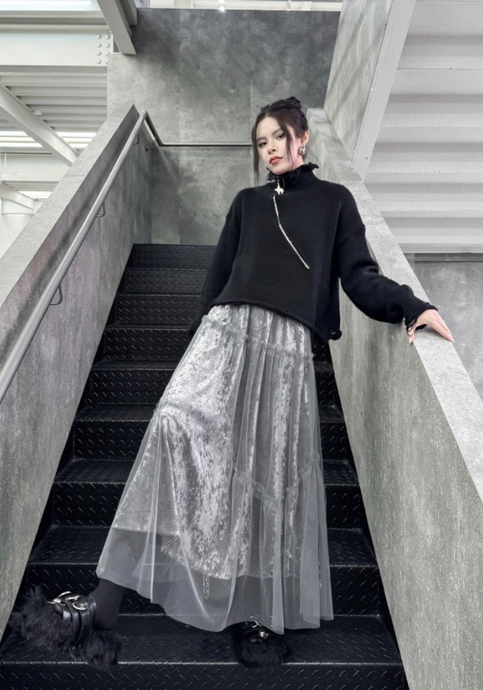 [Korean style velvet mesh patchwork skirt]