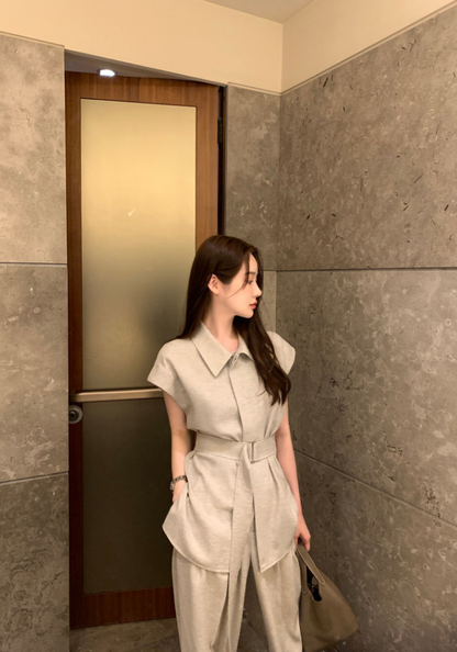 [Elegant lace-up waist casual suit]