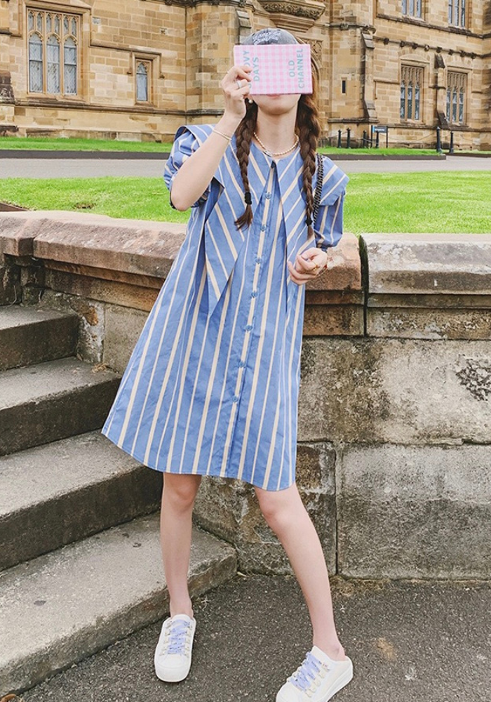 [Blue navy collar striped shirt dress]