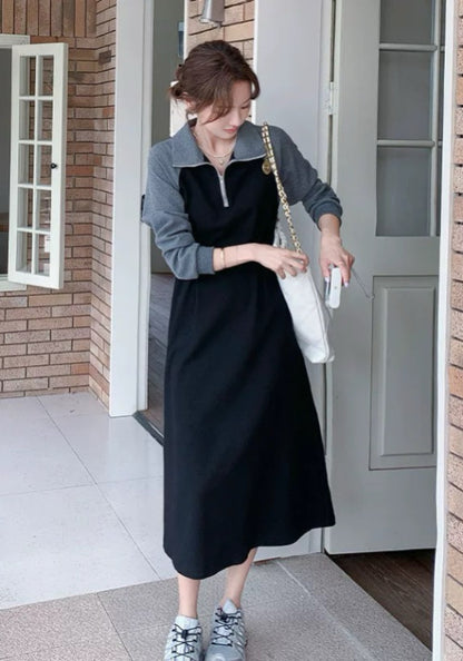 黑灰拼接連身裙