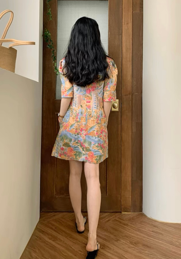 [Single-breasted oil painting print dress]