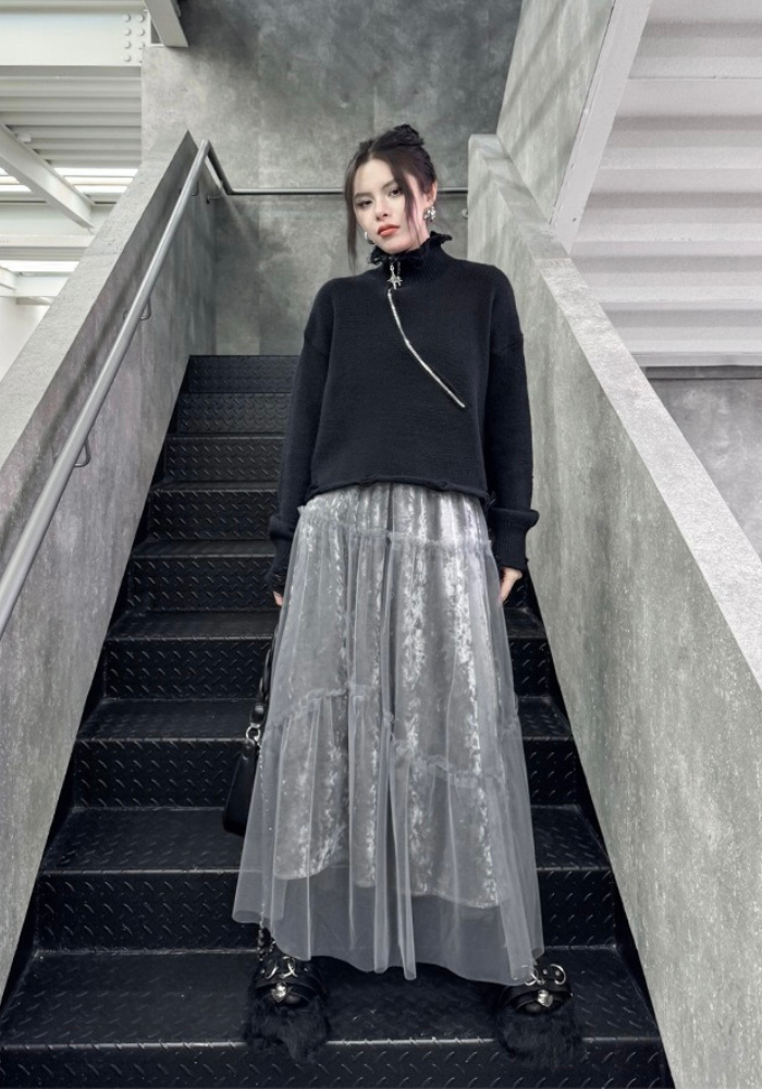 [Korean style velvet mesh patchwork skirt]