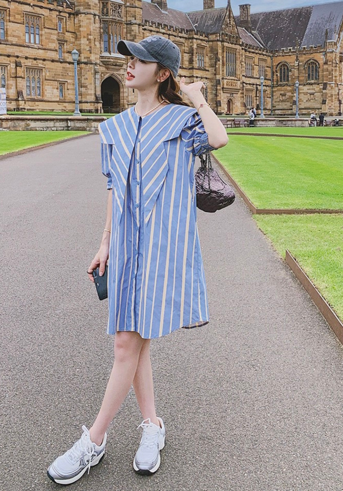 [Blue navy collar striped shirt dress]