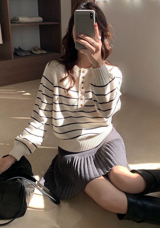 秋冬季女士針織衫｜圓領條紋套頭毛衣｜寬鬆剪裁＋收腰設計｜顯瘦百搭有氣質