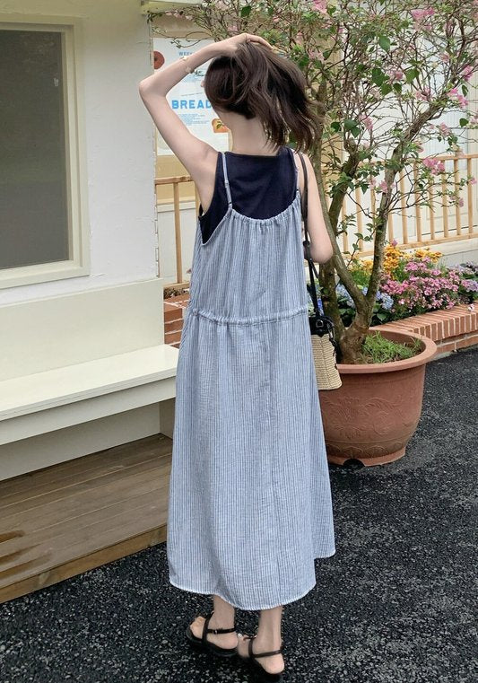 黑籃假兩件吊帶裙