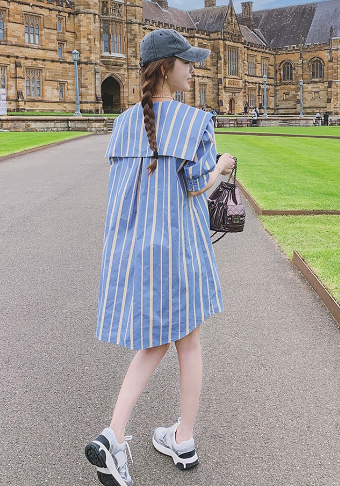 [Blue navy collar striped shirt dress]