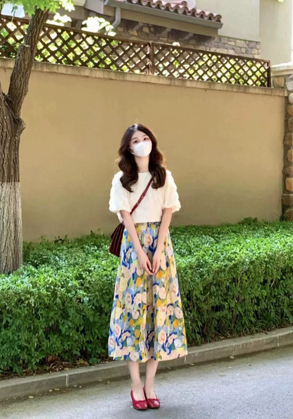 Puff sleeve top + floral skirt suit