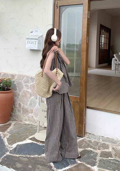 Resort style striped top + wide leg pants suit