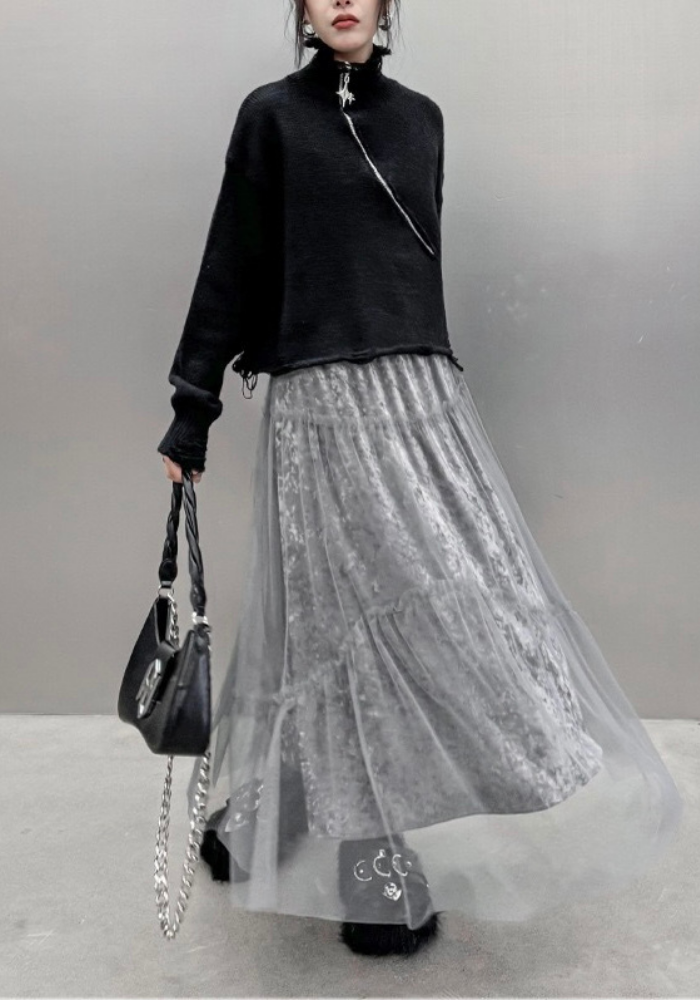 [Korean style velvet mesh patchwork skirt]