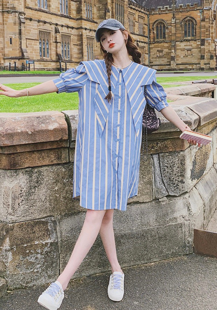 [Blue navy collar striped shirt dress]