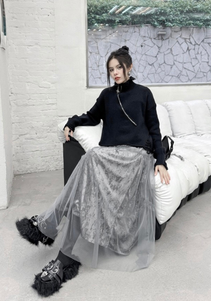 [Korean style velvet mesh patchwork skirt]