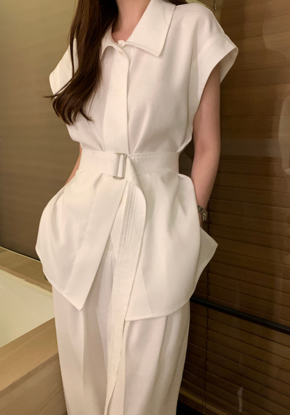 [Elegant lace-up waist casual suit]