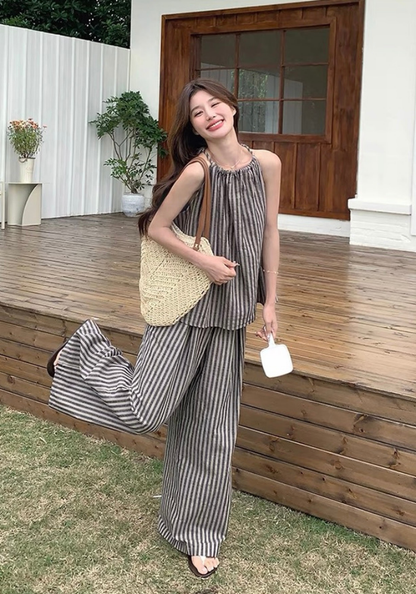 Resort style striped top + wide leg pants suit