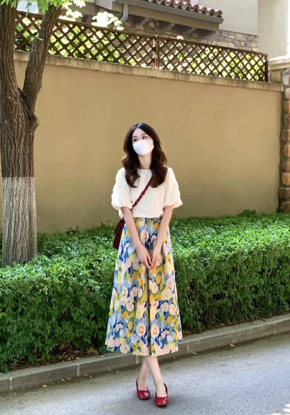 Puff sleeve top + floral skirt suit