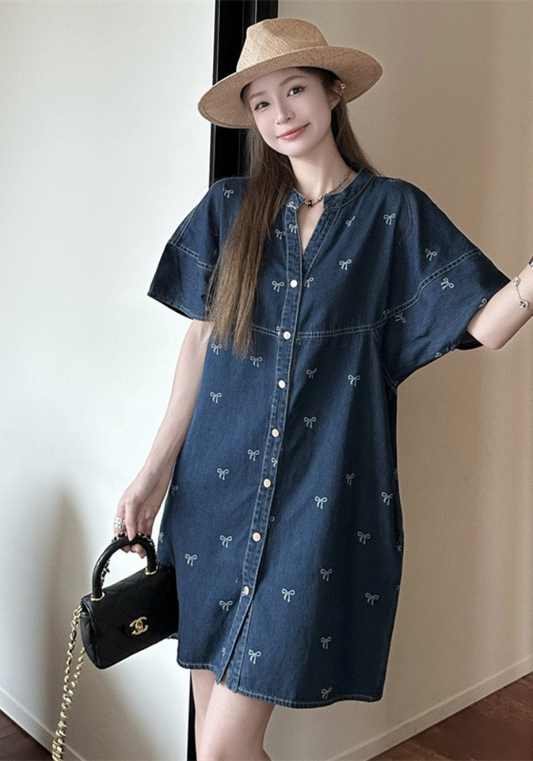 [Hong Kong style bow print denim dress]