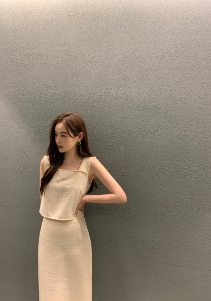Square collar lace fringed vest + skirt