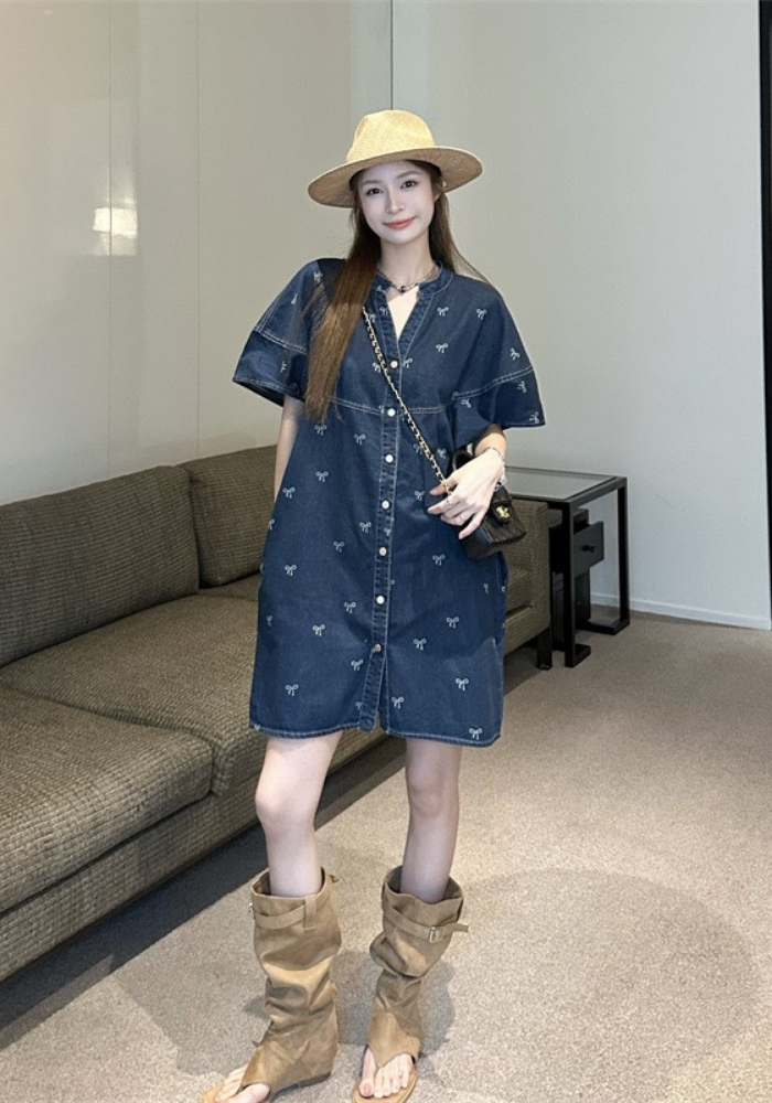 [Hong Kong style bow print denim dress]