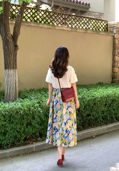 Puff sleeve top + floral skirt suit
