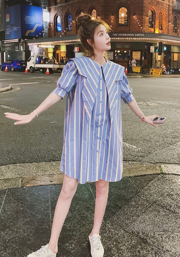 [Blue navy collar striped shirt dress]