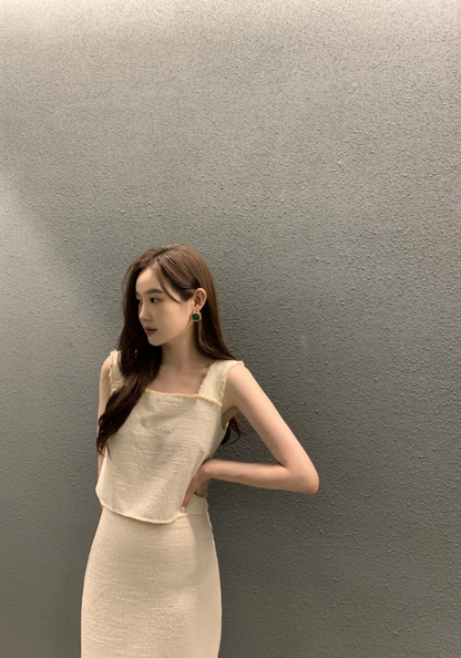 Square collar lace fringed vest + skirt