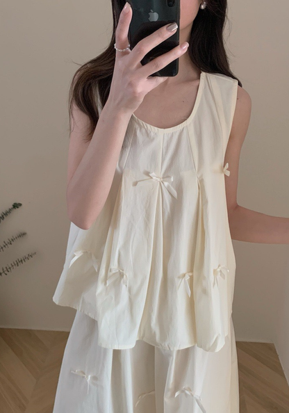 Bow sleeveless vest + skirt suit