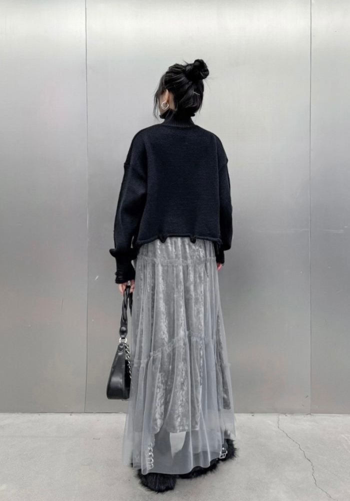 [Korean style velvet mesh patchwork skirt]