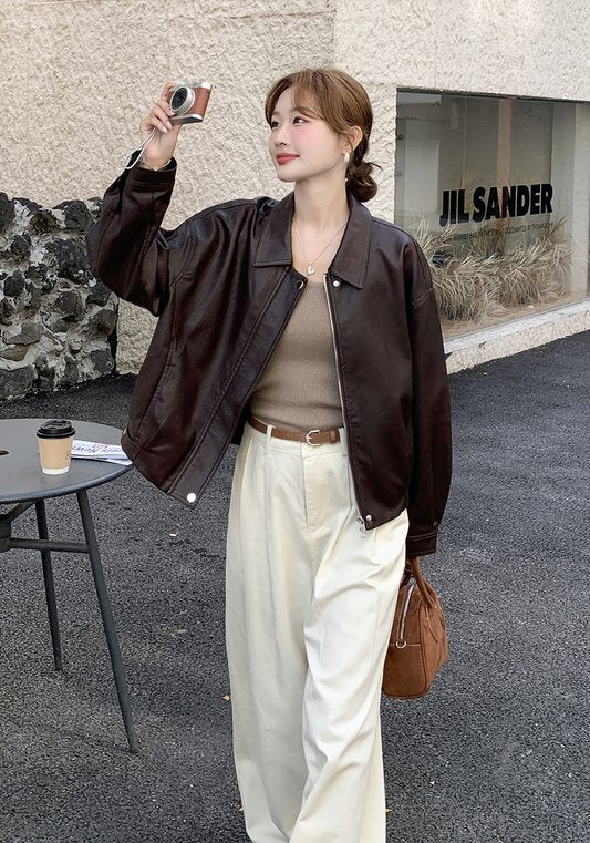 美拉德色系復古輕熟風翻領PU皮外套 女裝2025早秋新款時尚簡約夾克