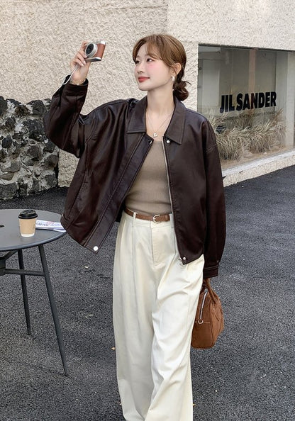 美拉德色系復古輕熟風翻領PU皮外套 女裝2025早秋新款時尚簡約夾克
