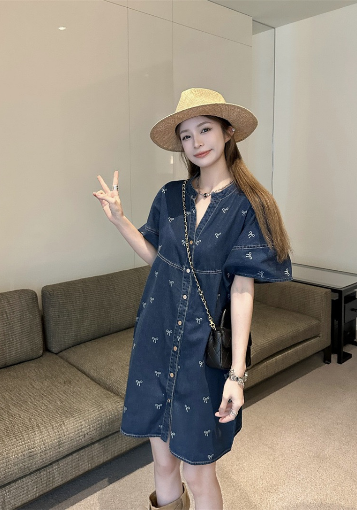 [Hong Kong style bow print denim dress]