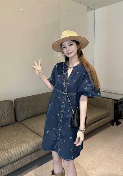 港風蝴蝶結印花牛仔連身裙