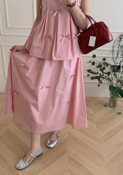 Bow sleeveless vest + skirt suit