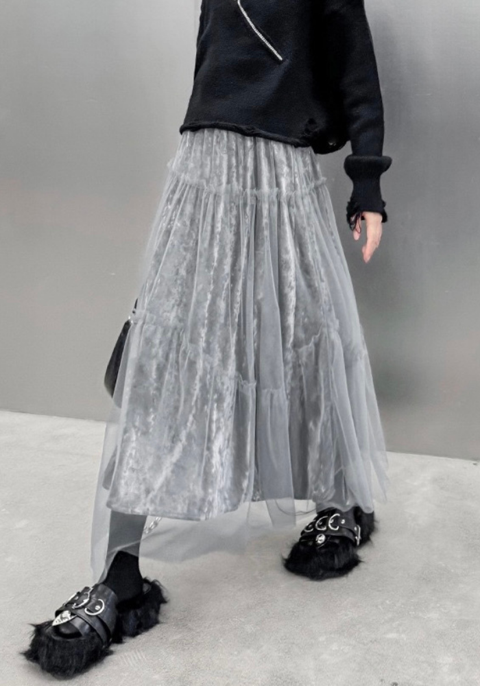 [Korean style velvet mesh patchwork skirt]