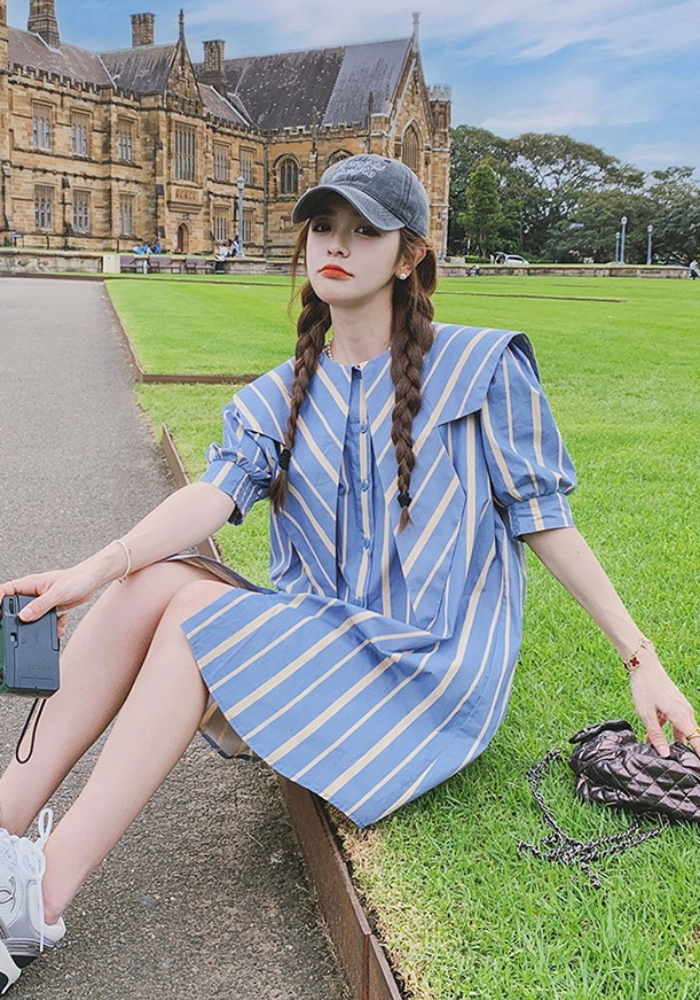 [Blue navy collar striped shirt dress]