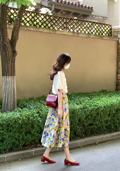 Puff sleeve top + floral skirt suit