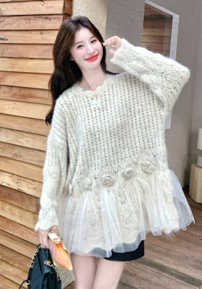 立體花網紗拼接毛衣