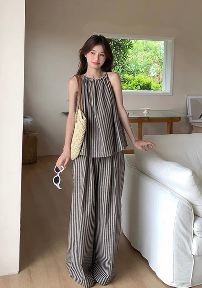Resort style striped top + wide leg pants suit