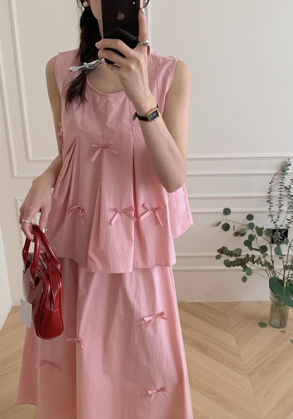 Bow sleeveless vest + skirt suit