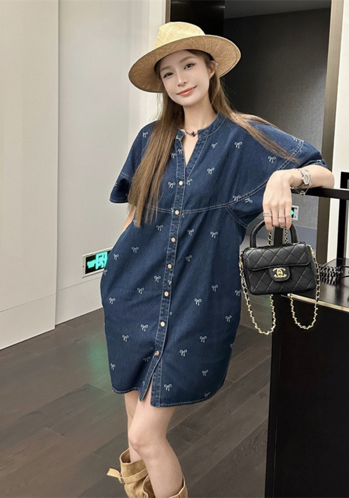 [Hong Kong style bow print denim dress]