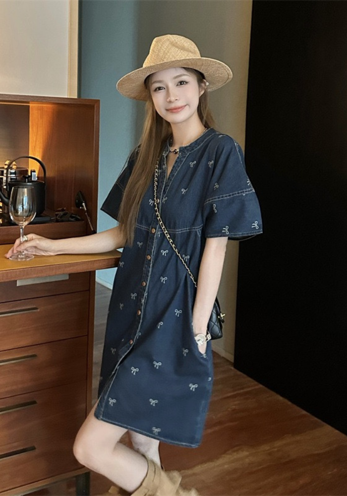 [Hong Kong style bow print denim dress]