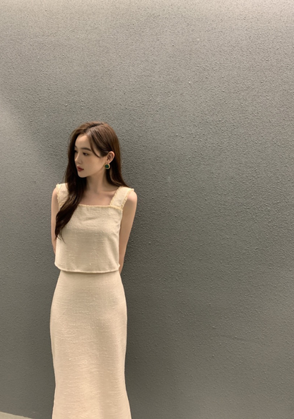 Square collar lace fringed vest + skirt