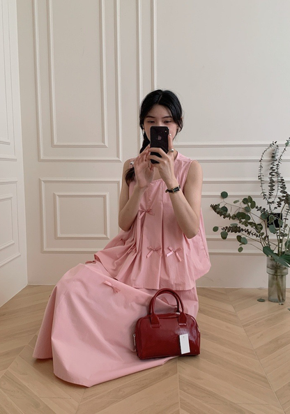 Bow sleeveless vest + skirt suit