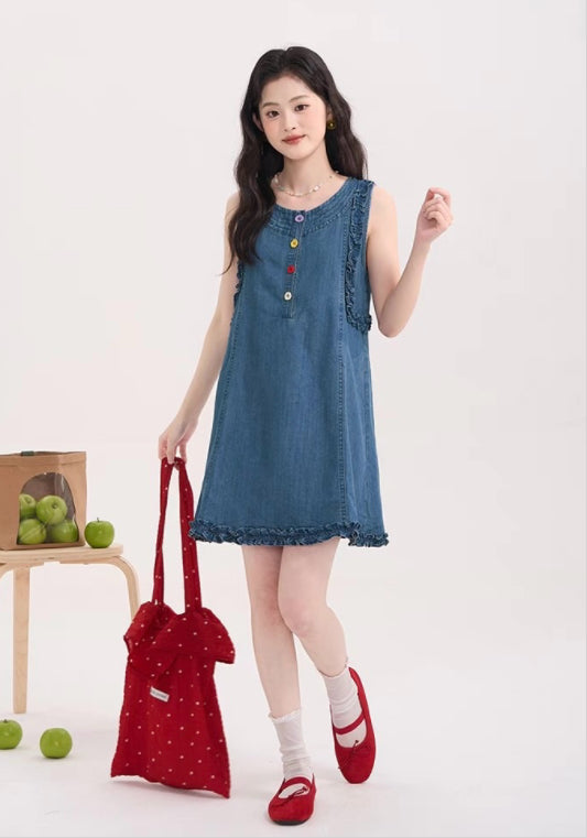 彩色扣牛仔裙