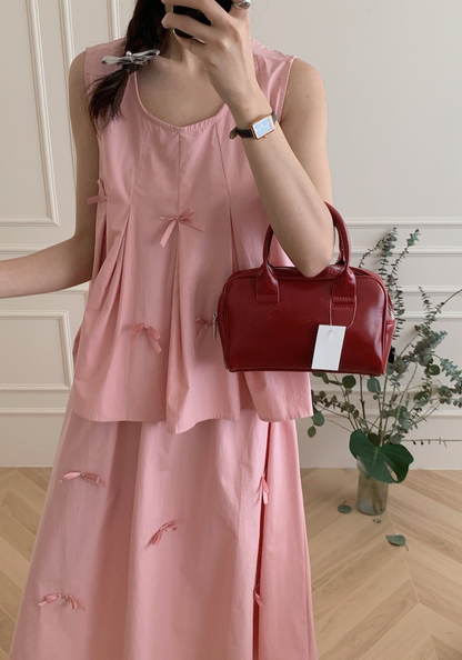 Bow sleeveless vest + skirt suit