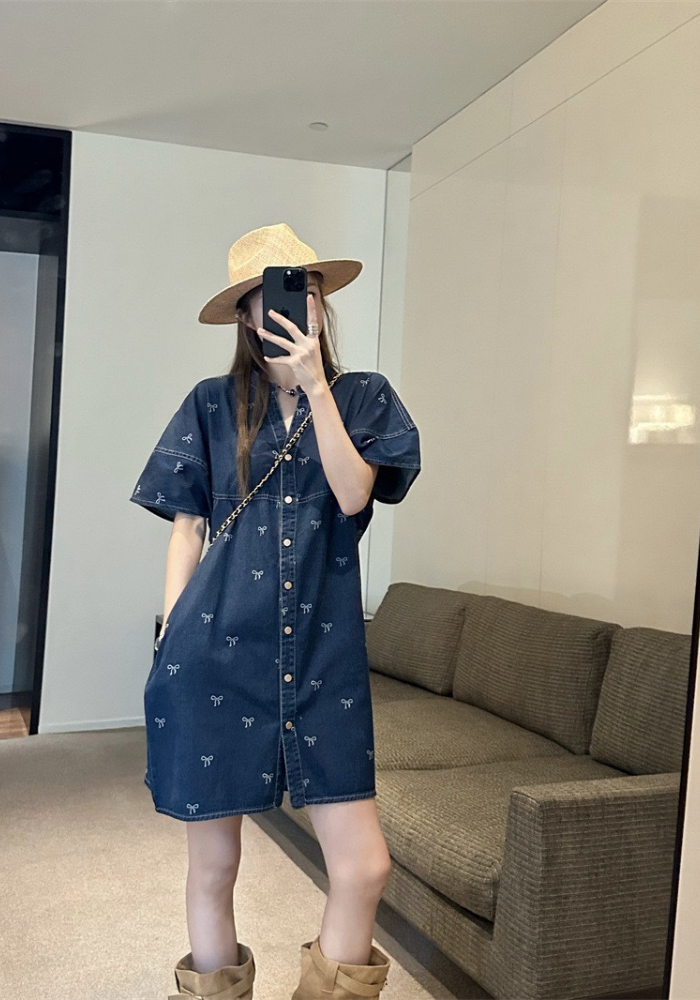 [Hong Kong style bow print denim dress]