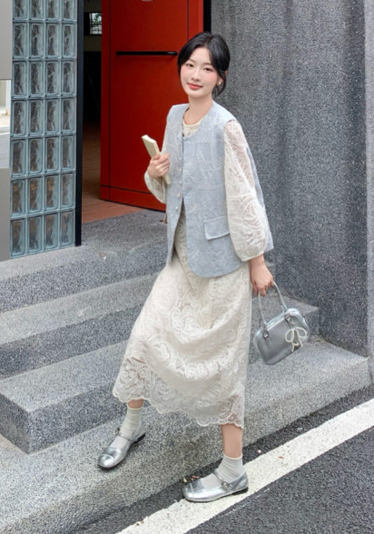 藍白蕾絲裙套裝