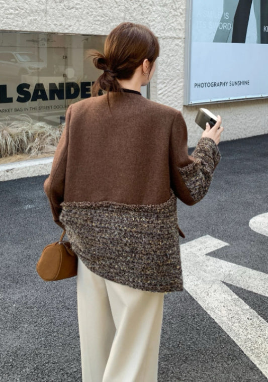 棕色小香風拼接外套