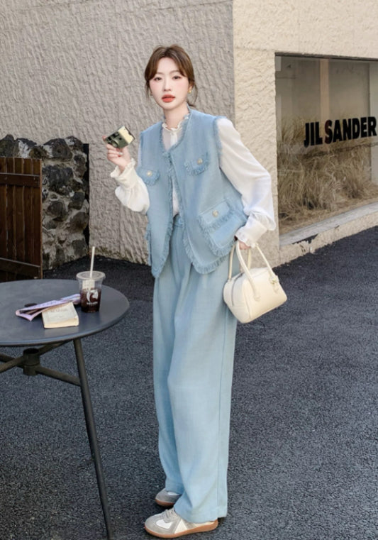 藍色小香風馬甲套裝