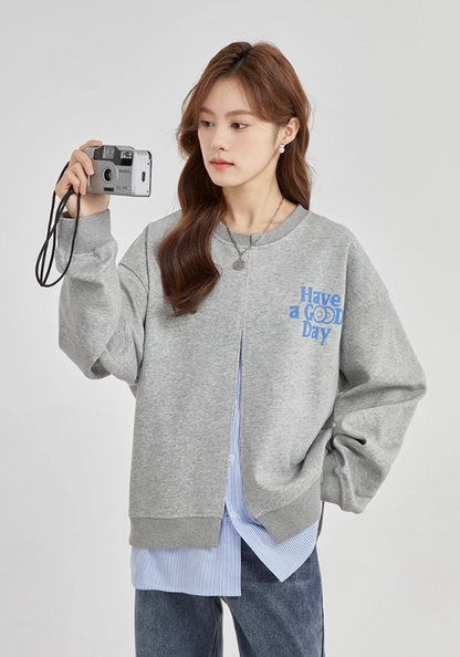 Fake two piece high slit sweatshirt